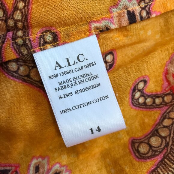 ALC Sayer Midi Dress Womens 14 Yellow Long Sleeve Print Cotton Voile V-Neck - Picture 7 of 13